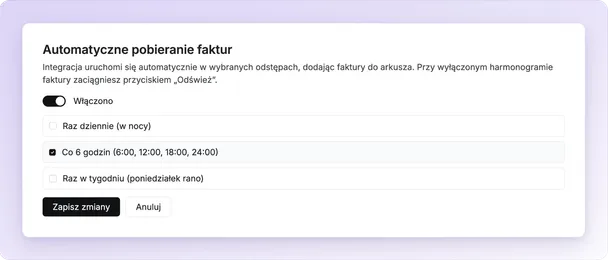 Panel „Automatyczne pobieranie faktur” w KsefTools: przełącznik harmonogramu i do wyboru raz dziennie, co 6 godzin albo raz w tygodniu.